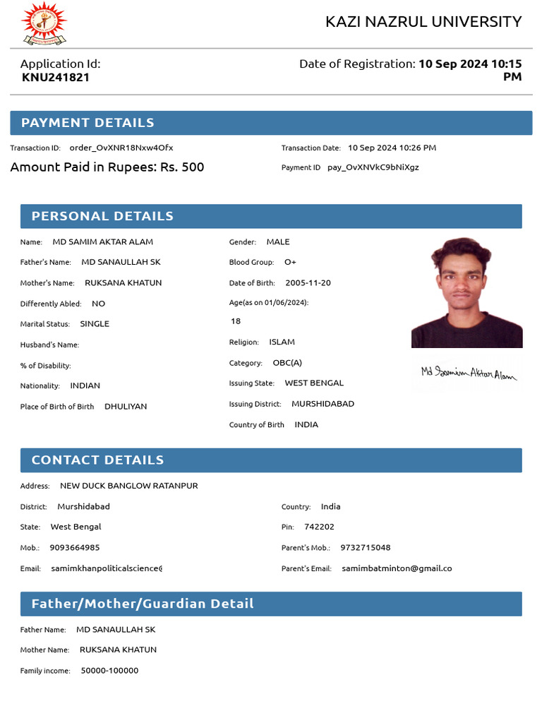 Application Form - MD Samim Aktar Alam | PDF