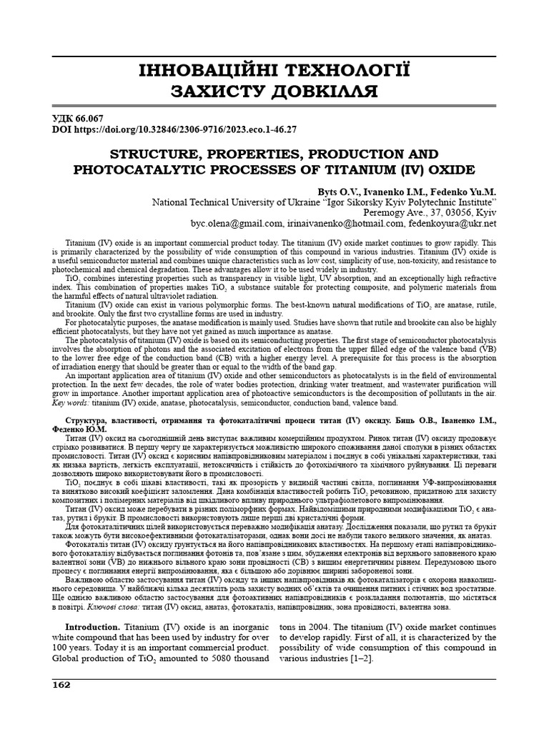 Structure, Properties, Production and Photocatalytic Processes of ...