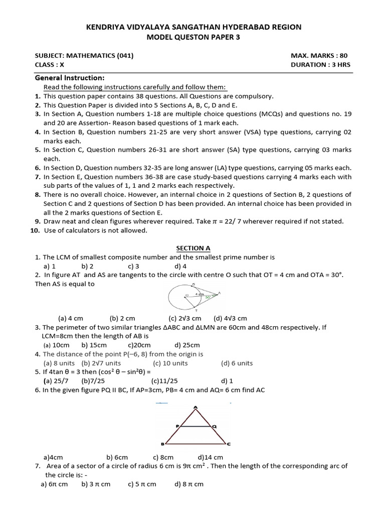 KVS Class 10 Maths Model Paper 3 | PDF | Circle | Area