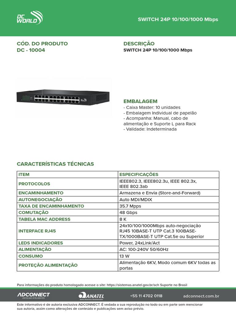 Switch 24P 10/100/1000 Mbps - Especificações | PDF | Comutador de rede ...