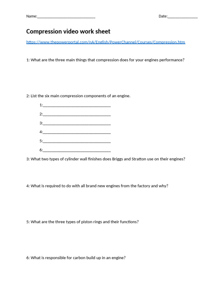 Compression - Piston Rings and Valves Worksheet | PDF