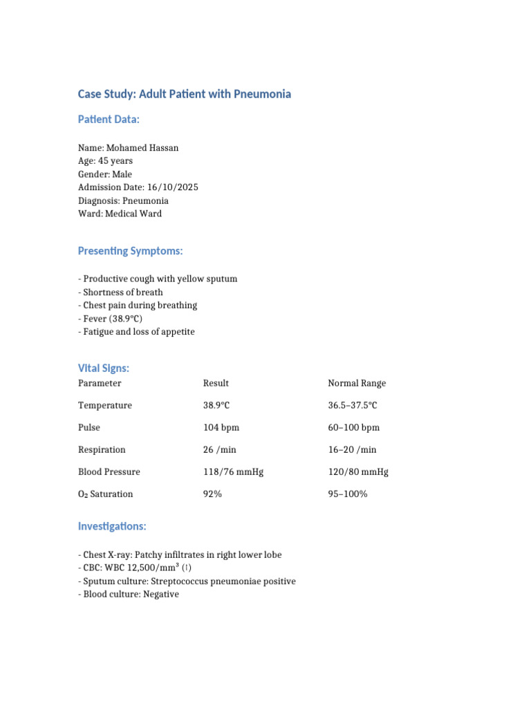 Pneumonia Case Study: Patient Analysis | PDF | Pneumonia | Breathing