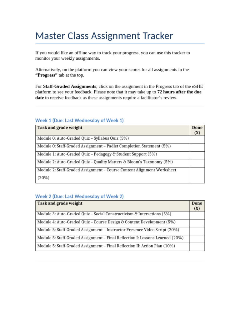 Master Class Assignment Tracker 10-8 | PDF