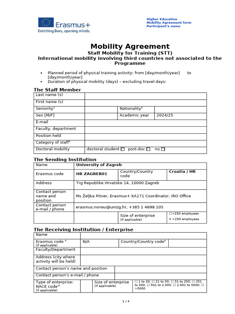 Staff Mobility Agreement Form 2024/25 | PDF