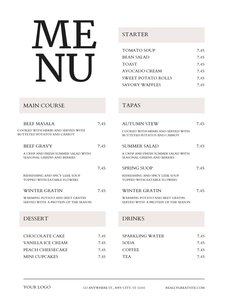 Seasonal Menu with Starters and Desserts | PDF