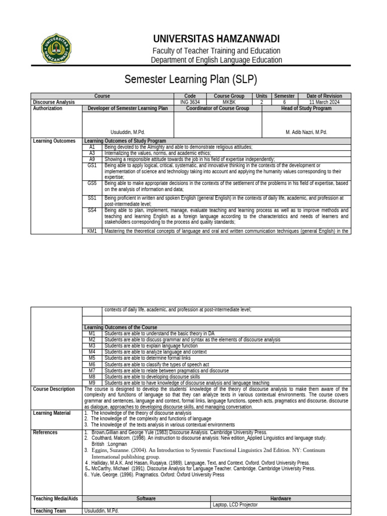 Discourse Analysis Semester Plan | PDF | Discourse | Linguistics
