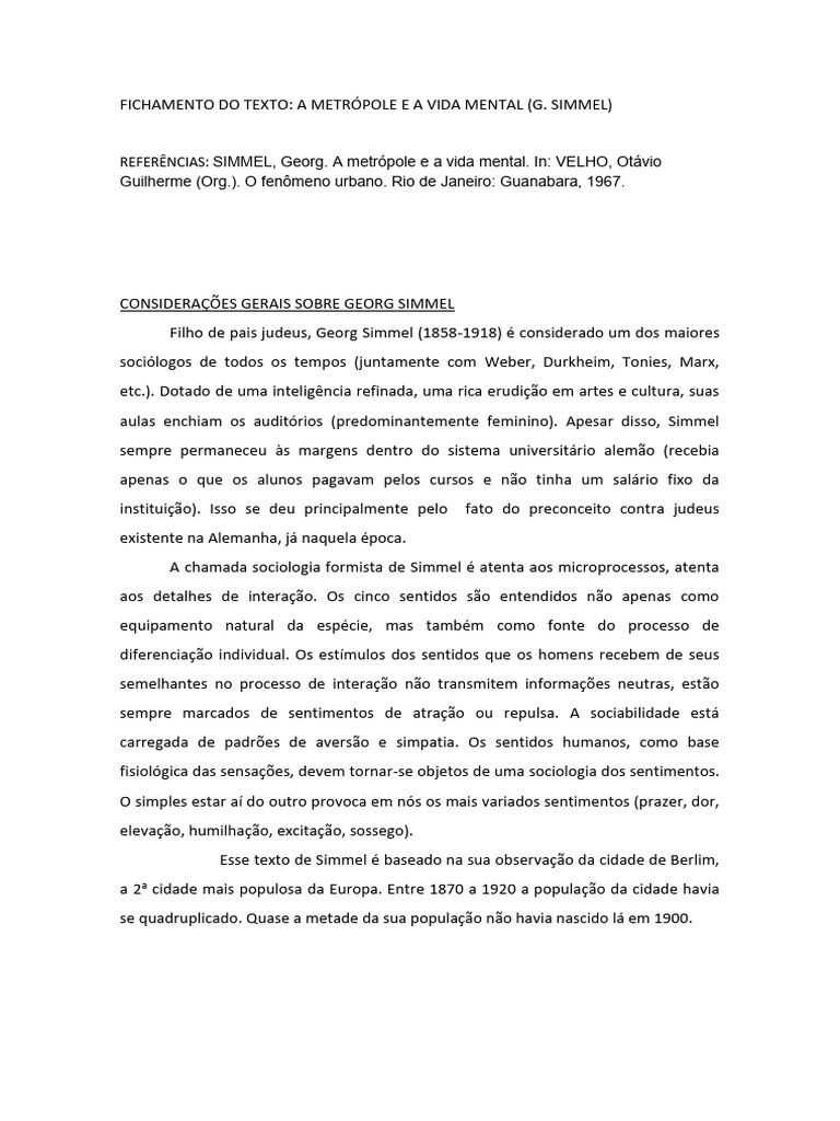 Metrópole e Vida Mental segundo Simmel | PDF | Sociologia | Liberdade
