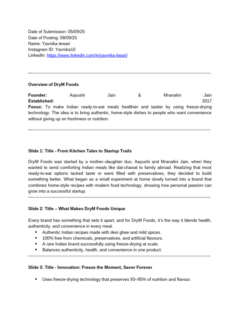DryM Foods: Healthy Indian Meals Redefined | PDF | Foods | Cuisine