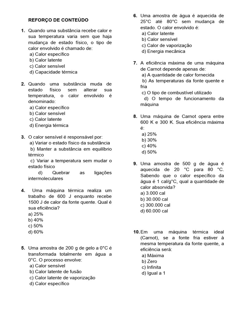 Questões sobre Calor e Máquinas Térmicas | PDF | Calor | Temperatura