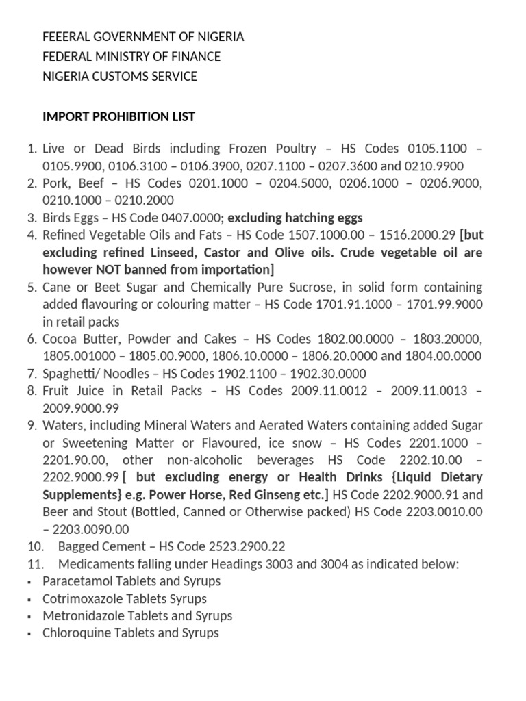 Nigeria Customs Import Prohibition List | PDF | Sucrose | Sugar