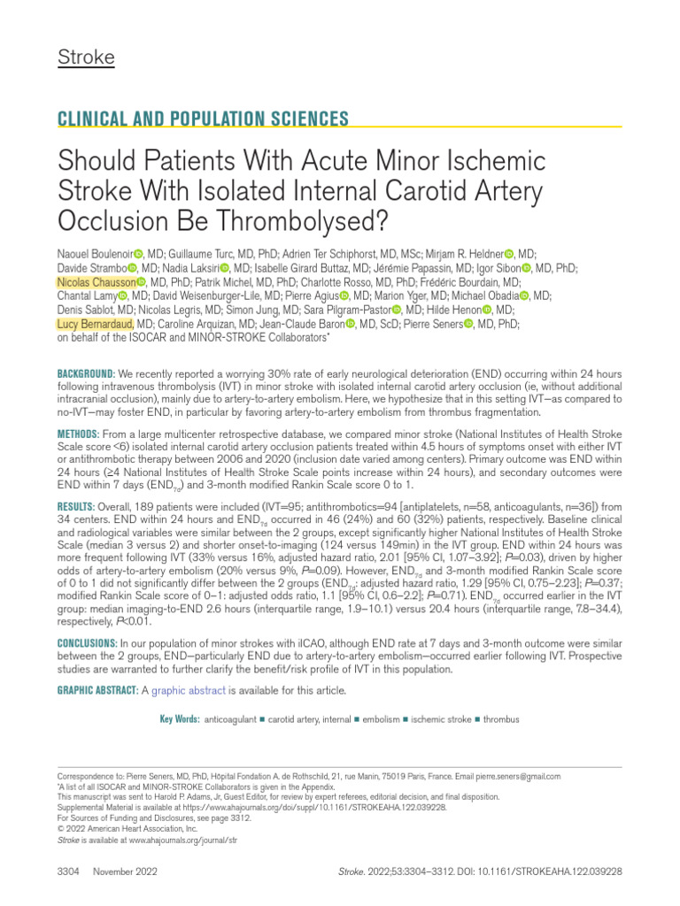 Thrombolysis in Minor Ischemic Stroke | PDF | Stroke | Cardiovascular ...