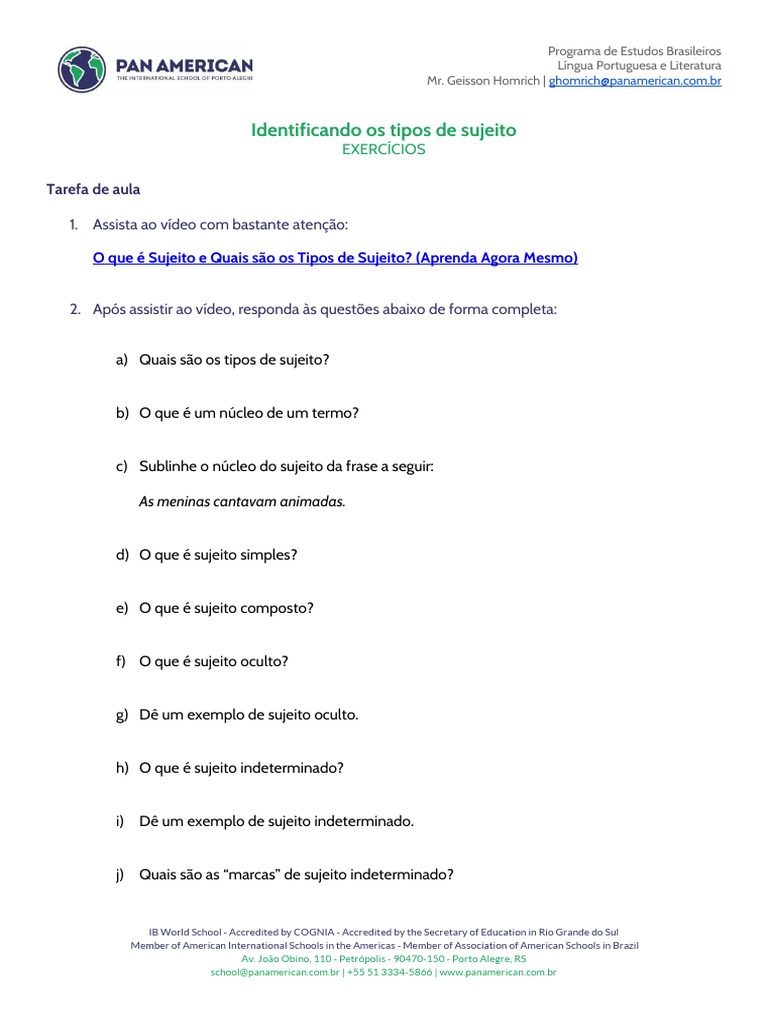 Tipos de Sujeito na Língua Portuguesa | PDF | Assunto (gramática ...