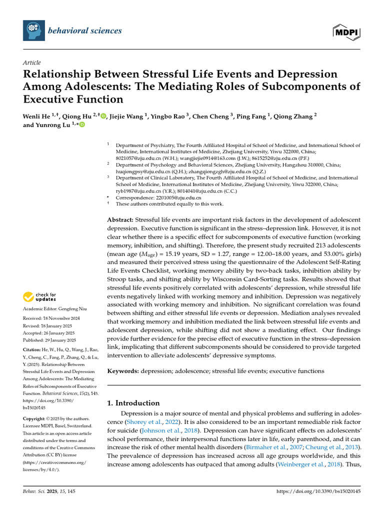 Stress, Executive Function, and Adolescent Depression | PDF | Major ...