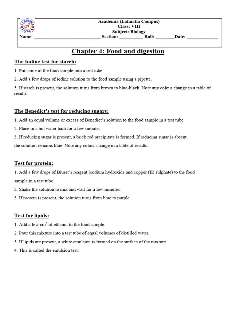Food Tests for Starch, Sugars, Proteins, Lipids | PDF