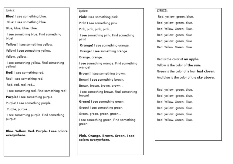 Lyrics Colours | PDF | Yellow | Blue