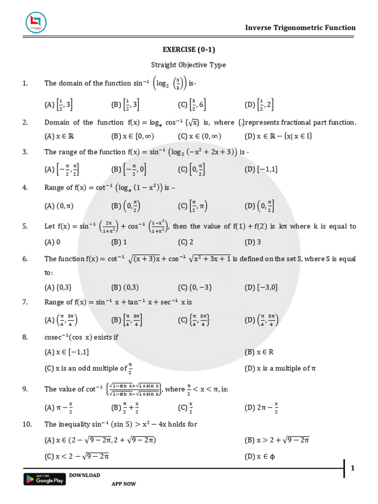 Inverse Trigonometric Function Exercises | PDF | Function (Mathematics ...