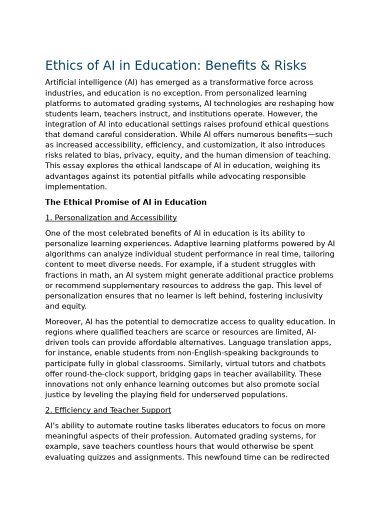 The Ethics of AI in Education Benefits & Risks | PDF | Artificial ...