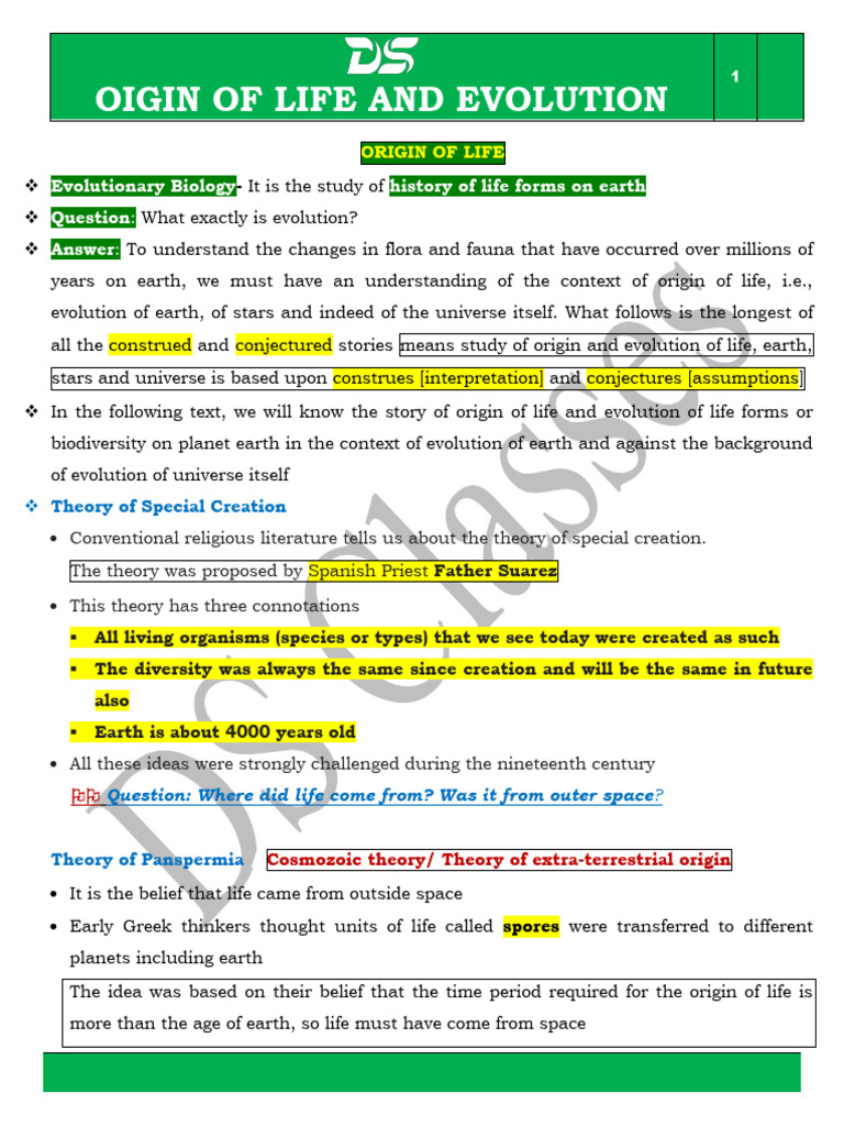 EVOLUTION II Part 01 II Origin of Life and Theories of Evolution | PDF ...
