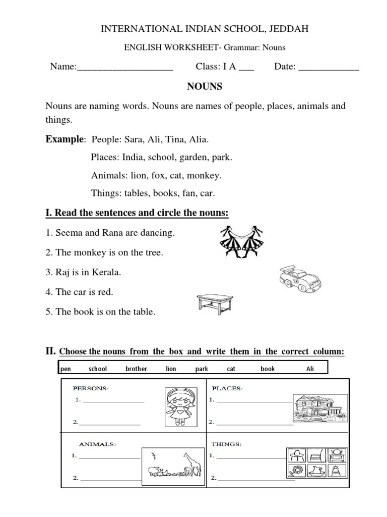 English Worksheets - Class 1 (Nouns, Plurals, Verbs, Adjectives and  Punctuation) | PDF | Noun | Plural