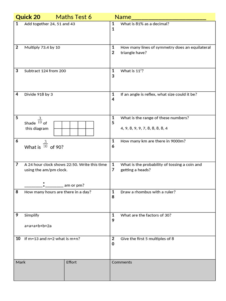 Quick 20 FREE SAMPLE Maths Test 6 Answers PDF Multiplication