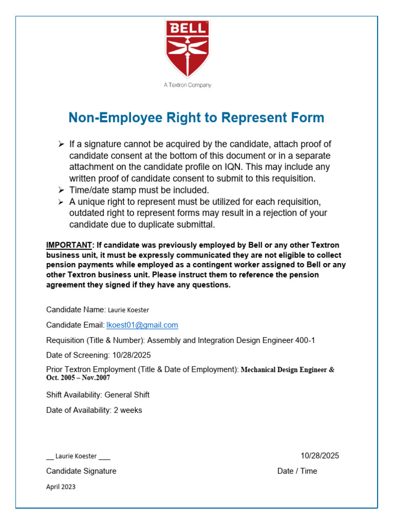 Bell Non-EE Right To Represent Form Laurie Koester | PDF