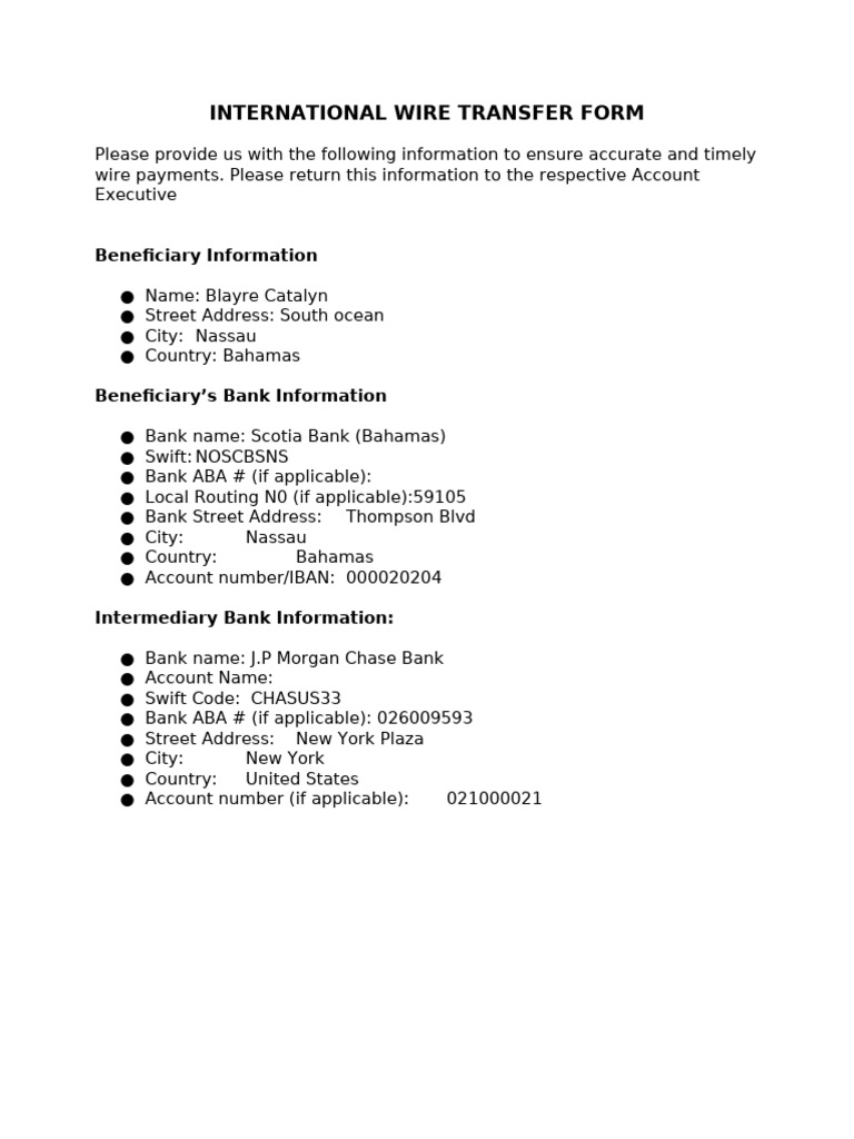International Wire Transfer Details Form | PDF
