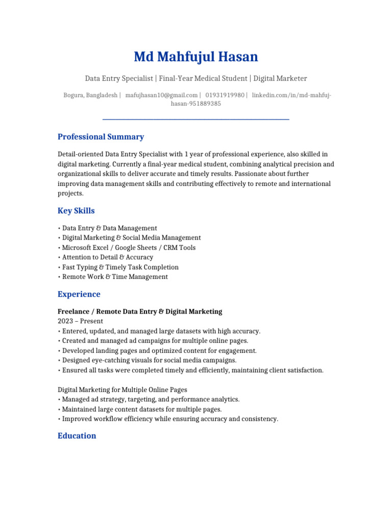MD Mahfujul Hasan DataEntry Professional CV | PDF