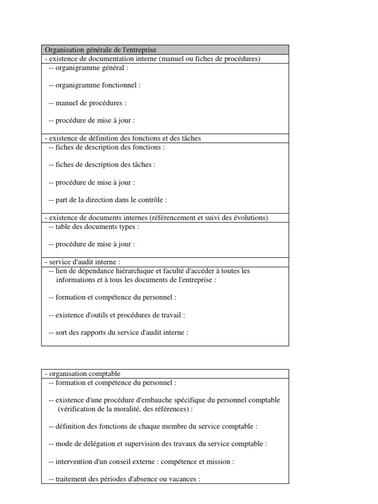 Questionnaire Contrôle Interne  Facture  Immobilisations