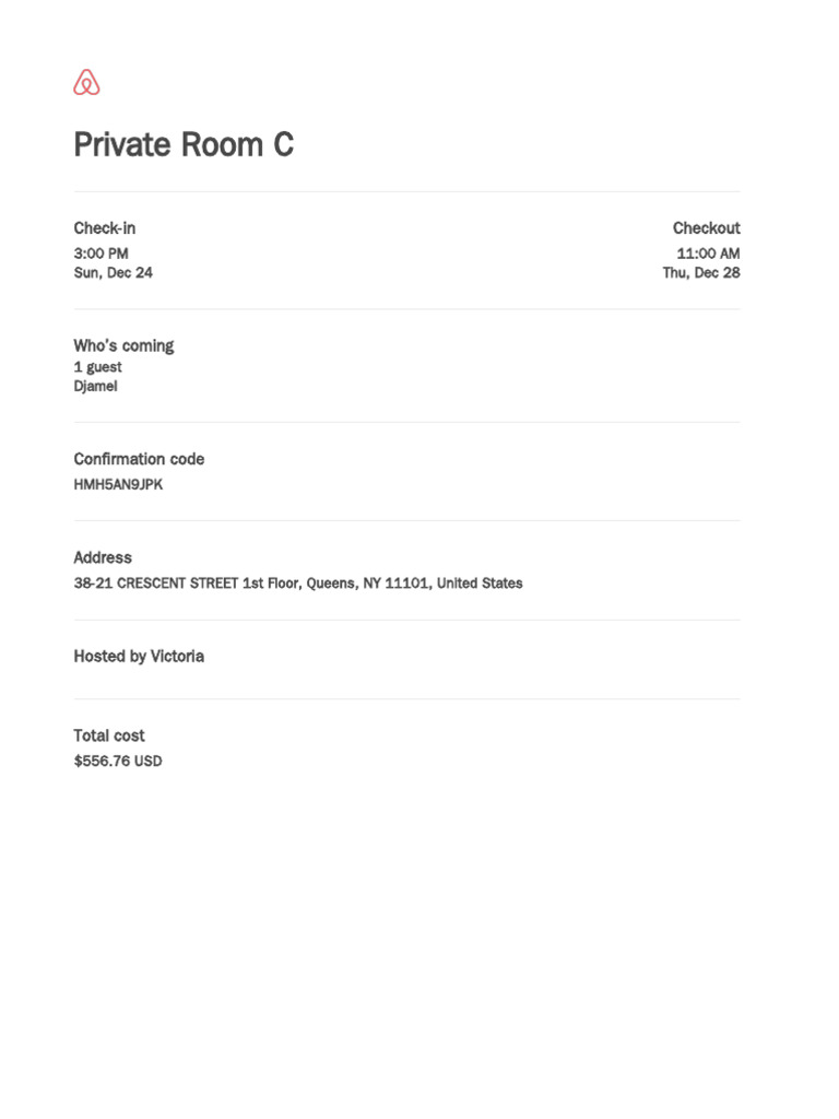 Private Room Booking Confirmation in Queens | PDF