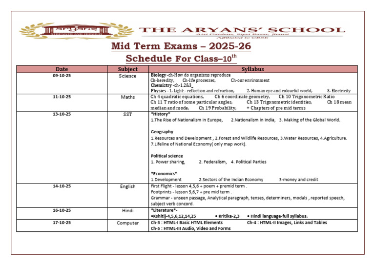 Class 10 Mid Term Exam Schedule 2025-26 | PDF