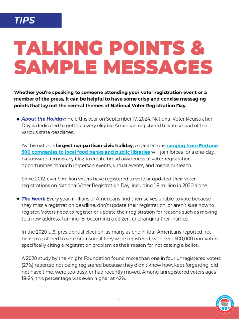 Supplemental Talking Points Sample Messages | PDF | Voter Registration ...