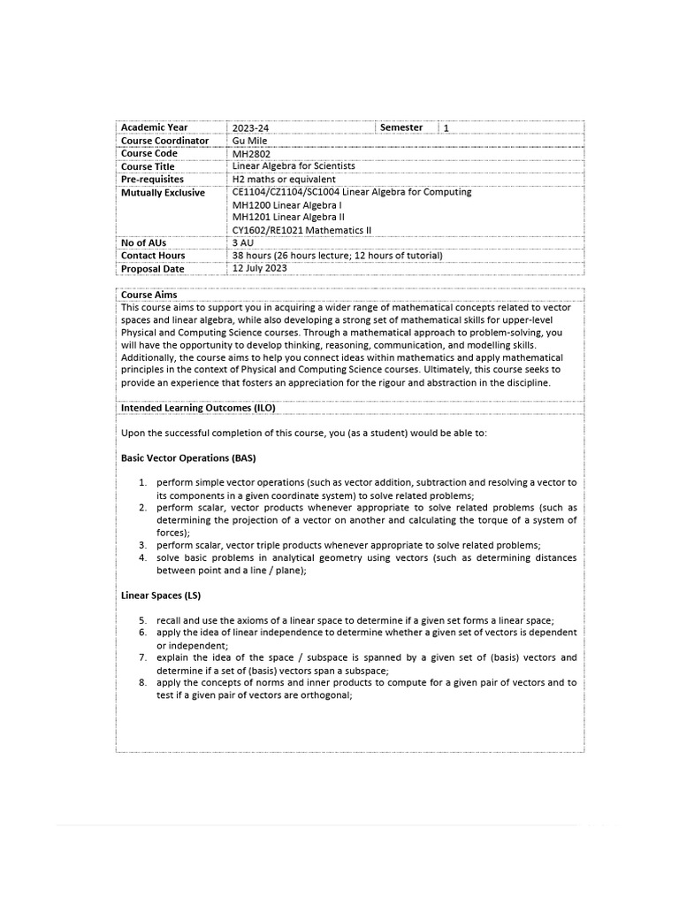 Linear Algebra for Scientists Course MH2802 | PDF | Matrix (Mathematics ...