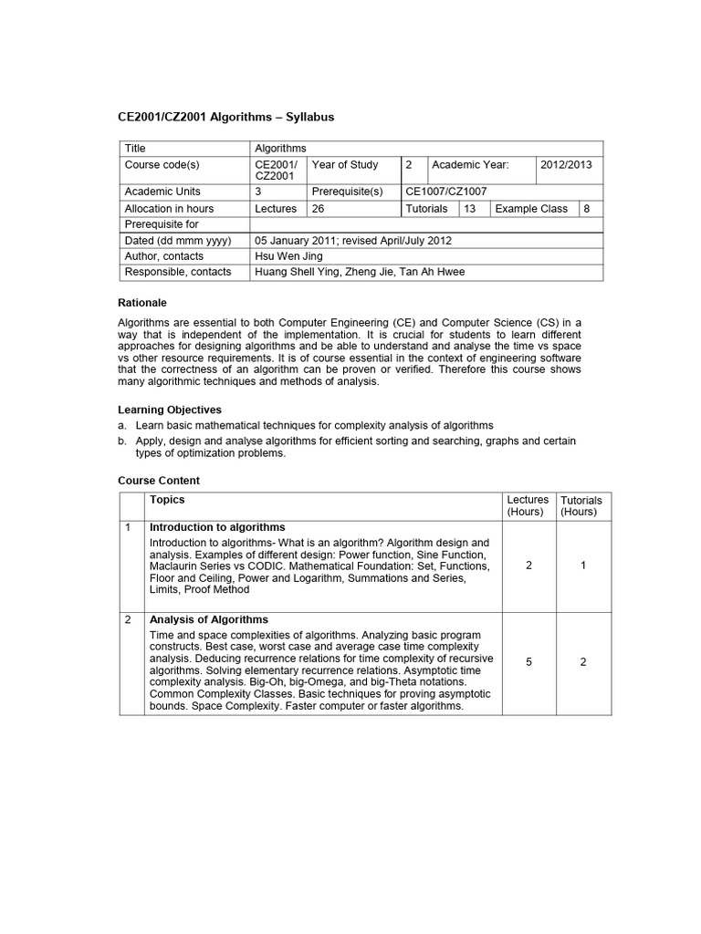 Algorithms Course Syllabus CE2001/CZ2001 | PDF | Computational ...