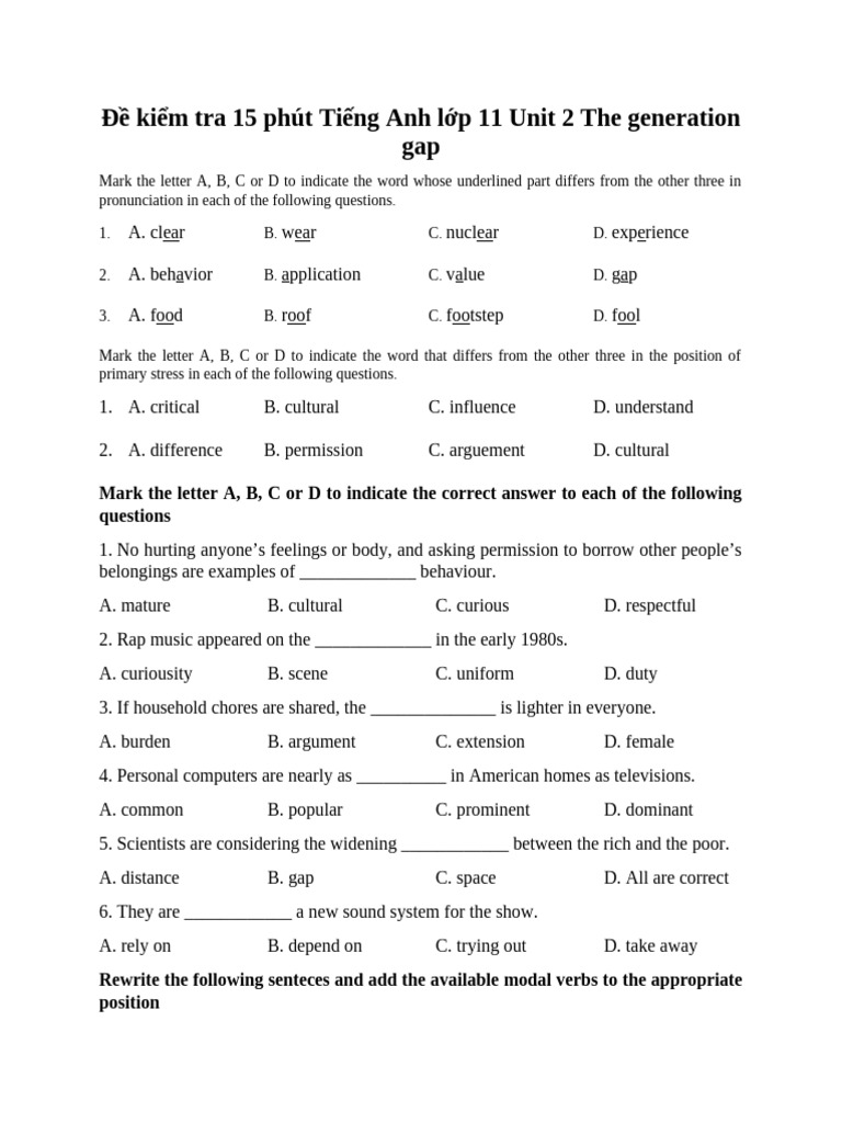 De Kiem Tra 15 Phut Unit 2 The Generation Gap Tieng Anh Lop 11 Global ...