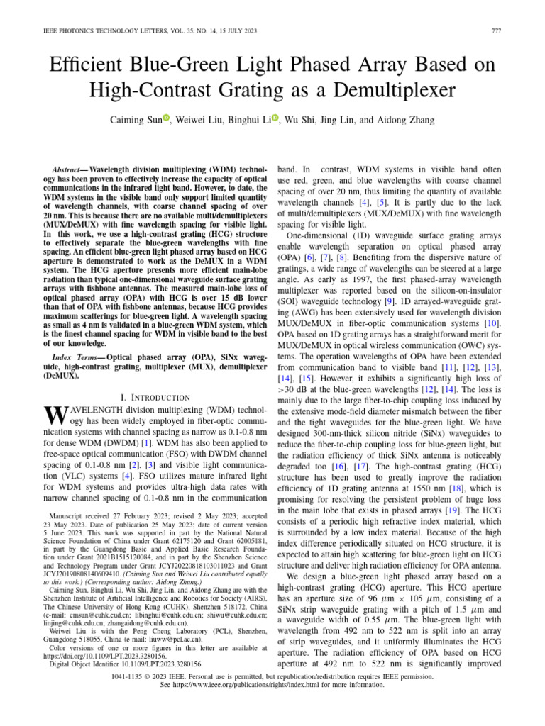 Efficient Blue-Green Light Phased Array Based On High-Contrast Grating ...