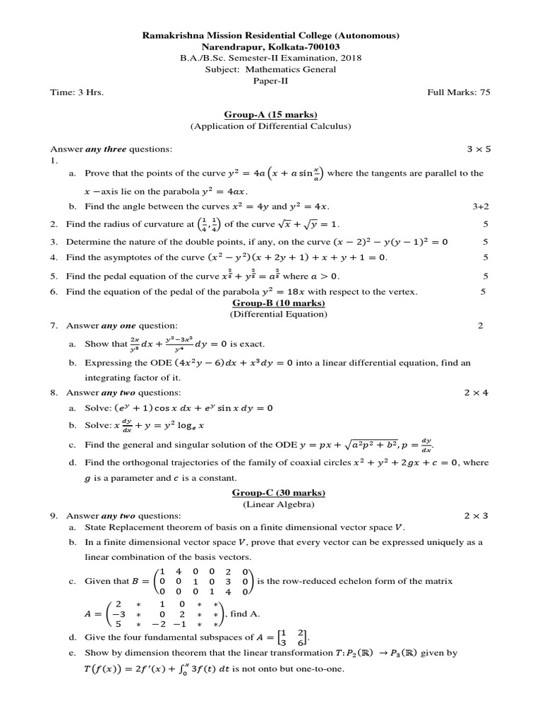 Mathematics Exam Paper II - 2018 | PDF | Vector Space | Matrix ...