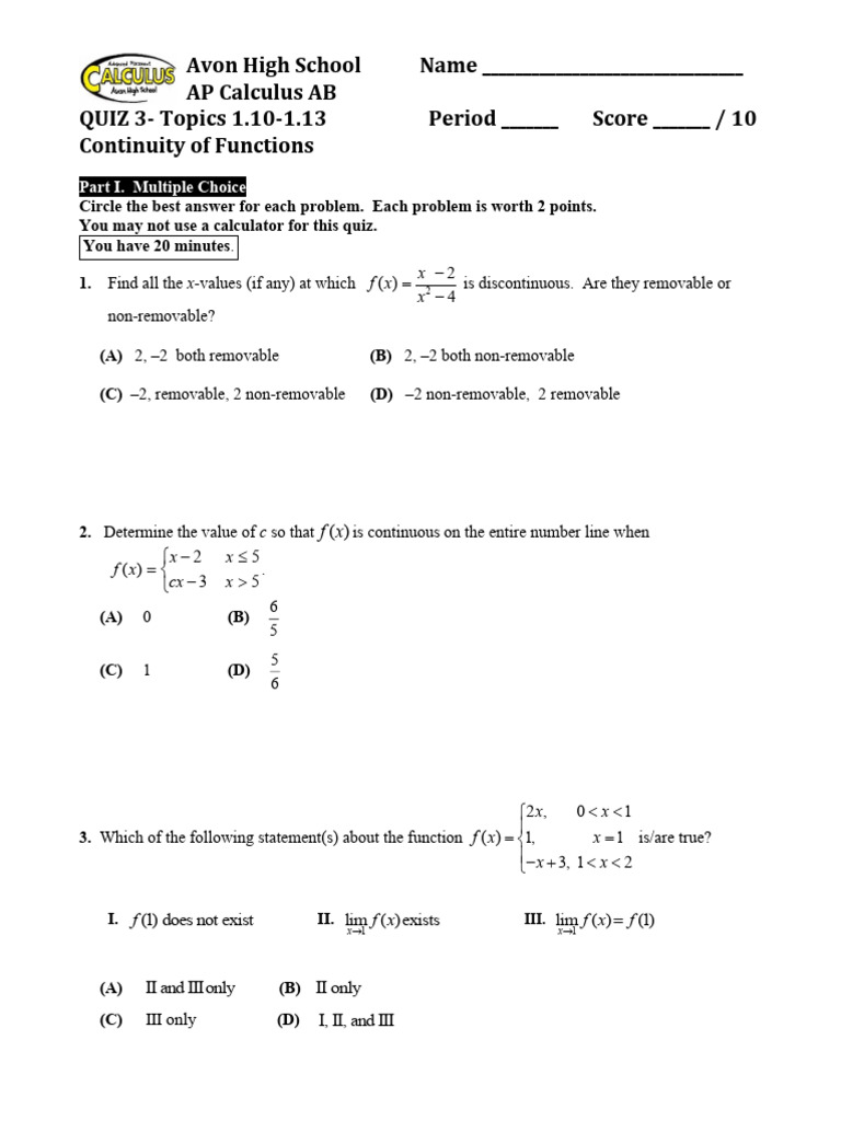 AP Calculus AB Continuity Quiz | PDF | Continuous Function | Function ...