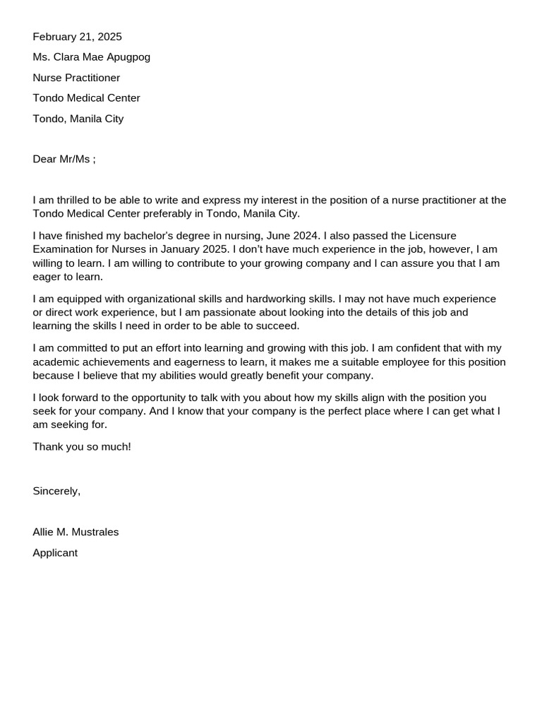 Nurse Practitioner Intent Letter Sample | PDF