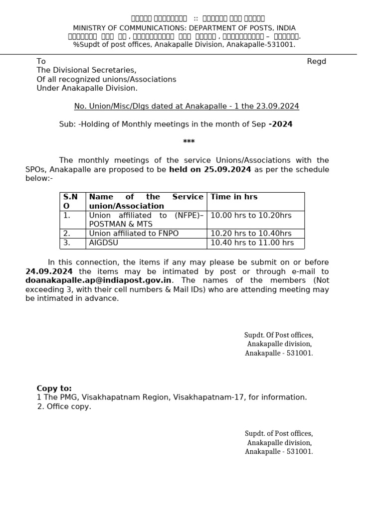 Anakapalle Division Monthly Meetings Schedule | PDF | Economy Of India ...