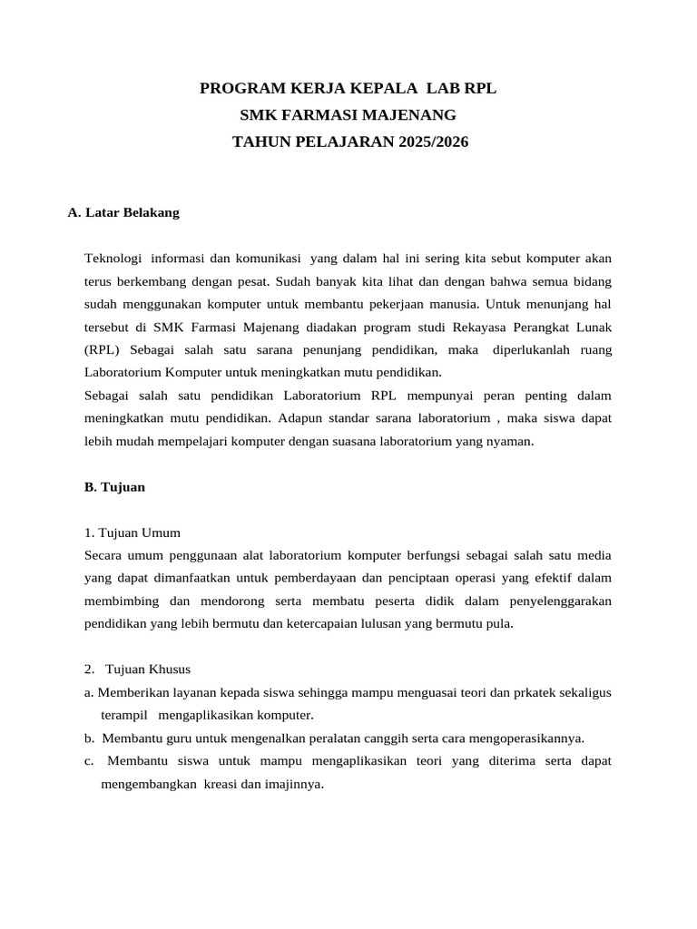 Program Kerja Laboratorium RPL SMK 2025 | PDF