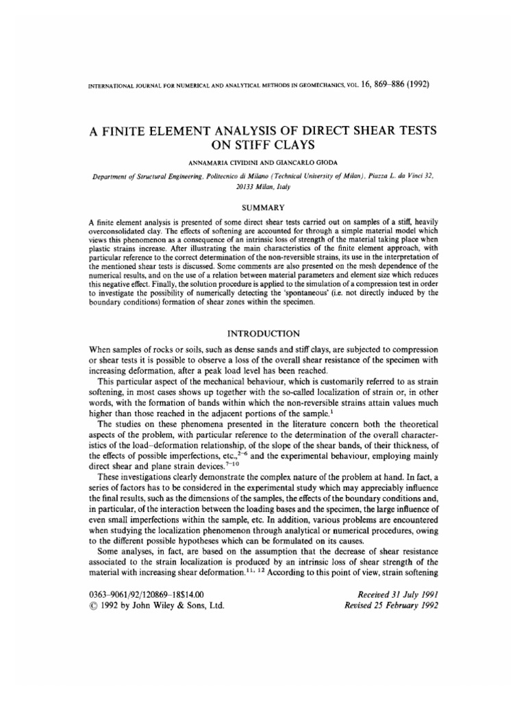Cividini1992 - A Finite Element Analysis of Direct Shear Tests On Stiff ...