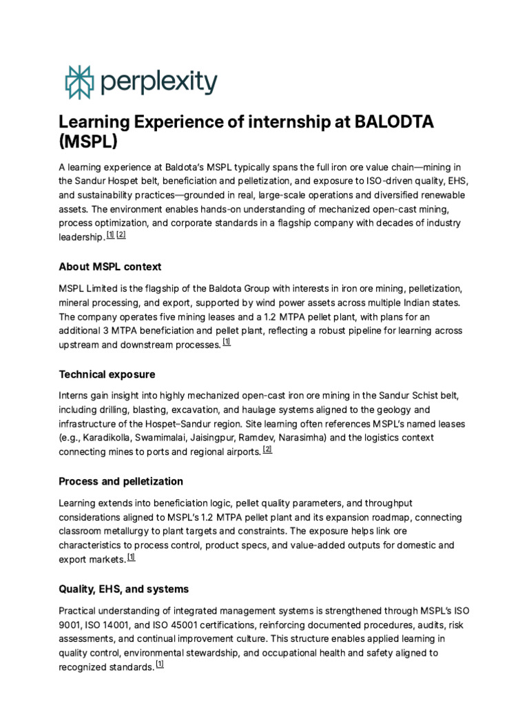 Internship Insights at MSPL Iron Ore | PDF | Mining | Risk