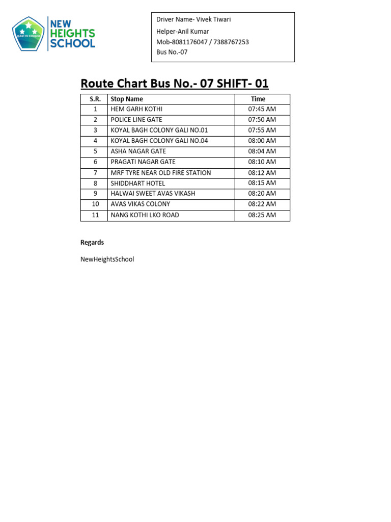 Bus No. 07 Route Schedule Shift 01 | PDF