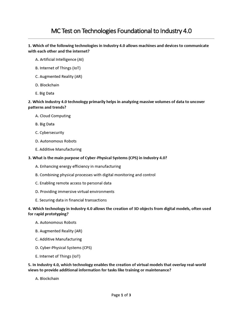 Industry 4.0 Technologies Quiz | PDF | Internet Of Things | Augmented ...