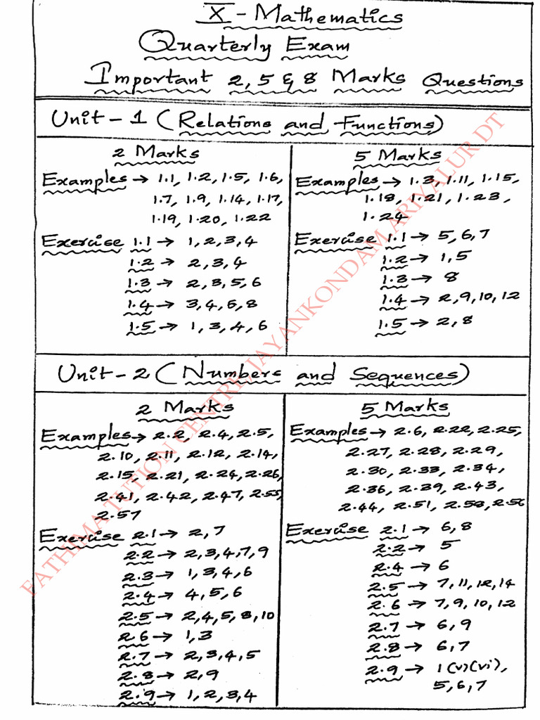 10th Maths Quarterly Imp 2,5 & 8 Marks | PDF