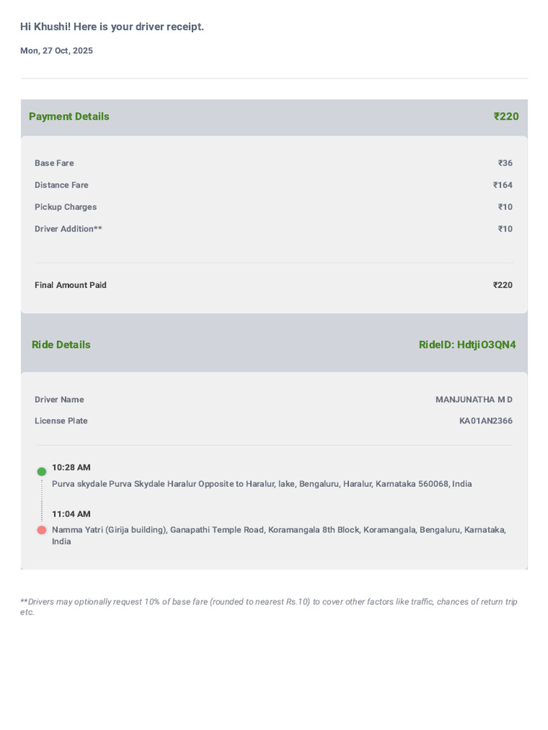 Driver Receipt for Ride on Oct 27, 2025 | PDF