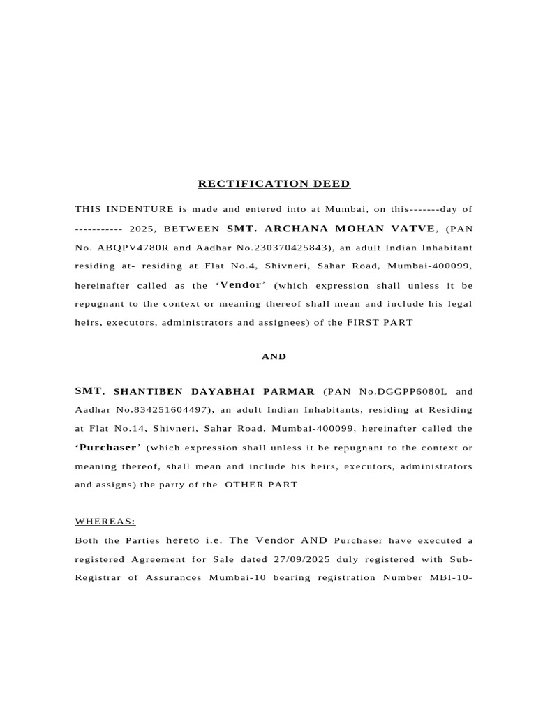 Rectification Deed (Shantiben Parmar) - ICICI HFC | PDF | Legal ...