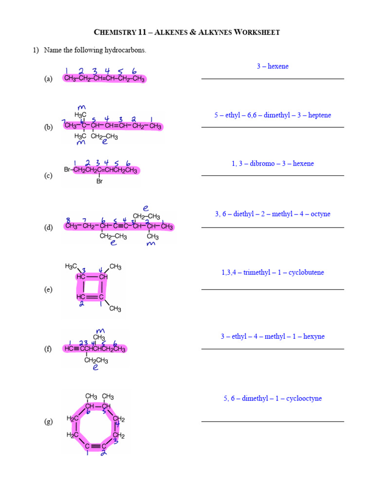 Alkenes and Alkynes Naming Worksheet | PDF | Functional Group ...