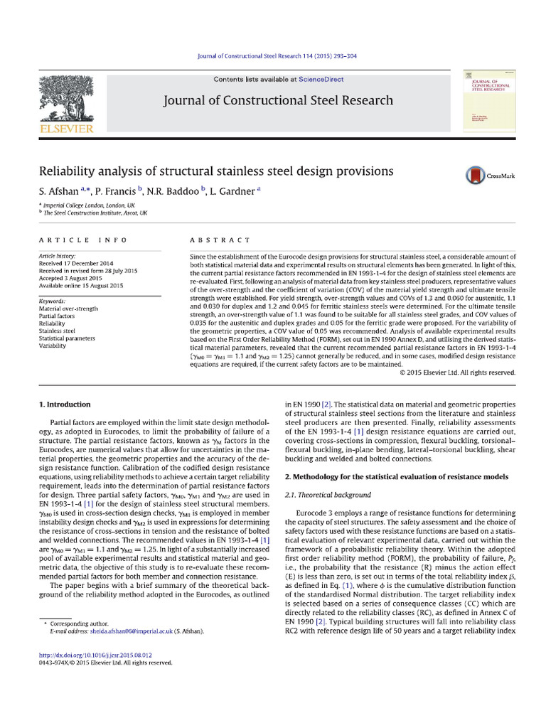 Reliability Analysis of Structural Stainless Steel Design Provisions | PDF