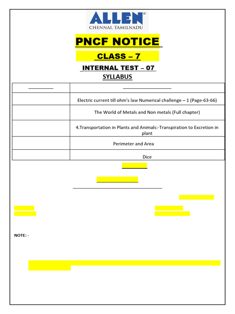 Class 7 Internal Test Notice 2025 | PDF